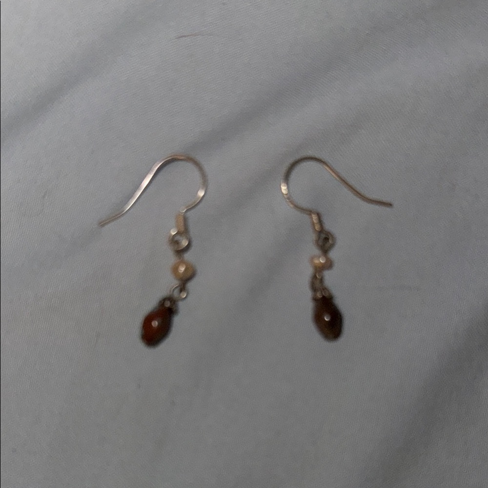 Elegant Silver, Fresh Water Pearl, Brown Stone Dangle Earrings